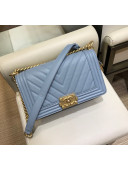 Chanel Chevron Grained Calfskin Medium Boy Flap Bag A67086 Light Blue/Gold 2019