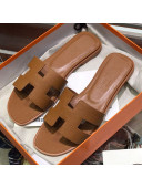 Hermes Santorini Epsom Calfskin Classic H Flat Slide Sandals Brown 2021 33