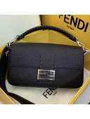 Fendi Litchi Grained Calfskin Medium Baguette Flap Shoulder Bag Black 2019