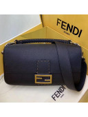 Fendi Litchi Grained Calfskin Large Baguette Flap Shoulder Bag Black 2019