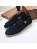 Loro Piana Tassel Suede Flat Loafers Navy Blue 202014