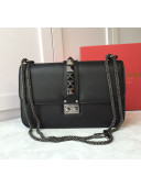 Valentino Medium Chain Box Shoulder Bag in Calfskin Black/Silver Grey 2019