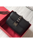 Valentino Small Chain Box Shoulder Bag in Calfskin Black/Silver Grey 2019