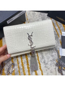 Saint Laurent Kate Chain Wallet with Tassel in Shiny Crocodile Embossed Leather 452159 White/Silver 2021