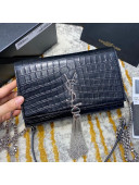 Saint Laurent Kate Chain Wallet with Tassel in Crocodile Embossed Leather 452159 Black/Silver 2021