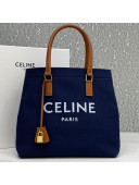 Celine Horizontal Cabas Medium Tote in White Canvas with Celine Print Navy Blue 2021