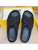 Fendi Reflections Stretch Lace Flat Slide Sandals Black 2021