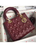 Dior Medium Lady Dior Bag In Pearl Lambskin Burgundy 2018(Gold-tone Metal)