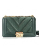 Chanel Calfskin Patchwork Chevron Medium Boy Flap Bag A67086 Dark Green 2019