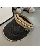 Chanel Straw Visor Hat with Pearl Beads Black 2021