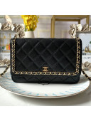 Chanel Quilted Grained Leather Chain Trim Wallet on Chain WOC Black 2019