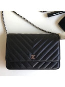 Chanel Chevron Lambskin Wallet on Chain WOC Bag Black (Silver-tone Metal)