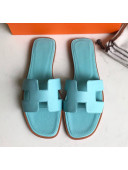 Hermes Oran H Flat Slipper Sandals in Epsom Grainy Calfskin Macaron Blue 2021(Handmade)