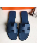 Hermes Oran H Flat Slipper Sandals in Epsom Grainy Calfskin Navy Blue 2021(Handmade)