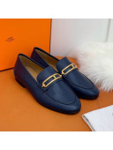 Hermes Colette Calfskin Loafers with Roulis Buckle Navy Blue 2021