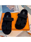 Hermes Chypre Wool and Nappa Leather Flat Sandals Black 2021