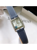 Hermes Cape Cod Grained Leather Crystal Square Watch 29cm Navy Blue 2021