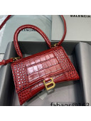 Balenciaga Hourglass Small Top Handle Bag in Shiny Crocodile Leather Burgundy 2021