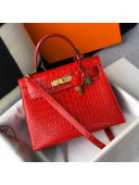 Hermes Kelly 25/28cm in Crocodile Embossed Calf Leather Red/Gold 2019 (Half Handmade)