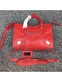 Balen...ga Crumpled Lambskin Small City Bag with Logo Strap Red 2018