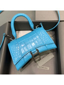 Balenciaga Hourglass Mini Top Handle Bag in Shiny Crocodile Leather Sky Blue 2021