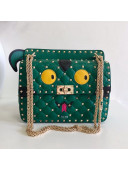 Valentino Monster Face Rockstud Spike Shoulder Bag Dark Green/Yellow 2019