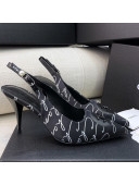 Chanel Vintage Silk Print Slingback Pumps 8cm Black 2021 02