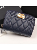 Chanel Quilted Grained Leather Boy Zipped Coin Purse A80602 Navy Blue 2019