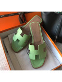 Hermes Oran H Flat Slipper Sandals in Togo Grainy Calfskin Light Green 2021(Handmade)