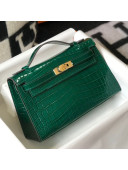 Hermes Mini Kelly Pochette 22cm in Crocodile Embossed Leather Green/Gold 2020