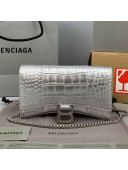 Balenciaga Hourglass Chain Wallet in Shiny Crocodile Leather Silver 2021