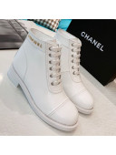 Chanel Calfskin Metal Logo Flat Short Boot White 2019