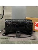 Balenciaga Hourglass Chain Wallet in Shiny Crocodile Leather All Black 2021