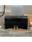 Balenciaga Hourglass Chain Wallet in Shiny Crocodile Leather Black/Gold 2021