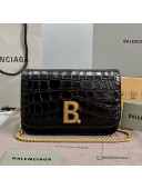 Balenciaga B. Chain Wallet in Crocodile Embossed Leather 92955 Black 2021