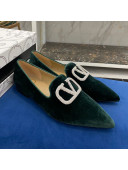 Valentino Crystal VLogo Velvet Flat Loafers with Pointed Toe Green 2021