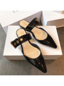 Dior Flat Leather Buckle Band Mules in Black Patent Leather 2019