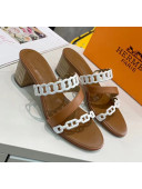 Hermes Leather "Chaine d'Ancre" Straps Ajaccio Sandal With 5cm Heel Brown/White 2020