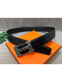 Hermes Crocodile Embossed Calfskin Belt 3.8cm with H Buckle Black/Silver 2021