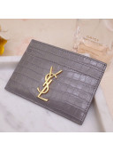 Saint Laurent Crocodile Embossed Leather Card Holder 423291 Grey/Gold 2021