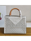 Prada Drill Cutout Calfskin Wood Tote Bag 1BG405 White 2021