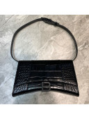 Balenciaga Hourglass Sling Shoulder Bag in All Black Shiny Crocodile Embossed Calfskin 2020