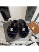 Chanel Fur CC Flat Slide Sandals Black 2021 112298