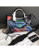 Balenciaga Graffiti Classic Small City Bag in Crumpled Lambskin Red/Green/Blue/Black