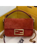 Fendi Suede Mini Baguette Flap Shoulder Bag Red Brown 2019