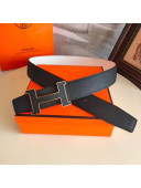 Hermes Oscar Reversible Calfskin Belt 38mm with H Buckle Black/White 2019