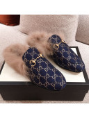 Gucci Princetown GG Silver Lamé Wool Slipper Navy Blue 2020