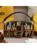 Fendi FF Plant Embroidered Fabric Medium Baguette Bag Orange 2019