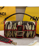 Fendi FF Plant Embroidered Fabric Medium Baguette Bag Red 2019