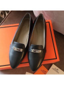 Hermes Kelly Calfskin Flat Loafers Black 